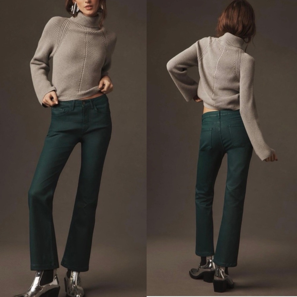 Pilcro and the Letterpress The Yaya Coated Crop Flare Jeans Green Fall Size 28